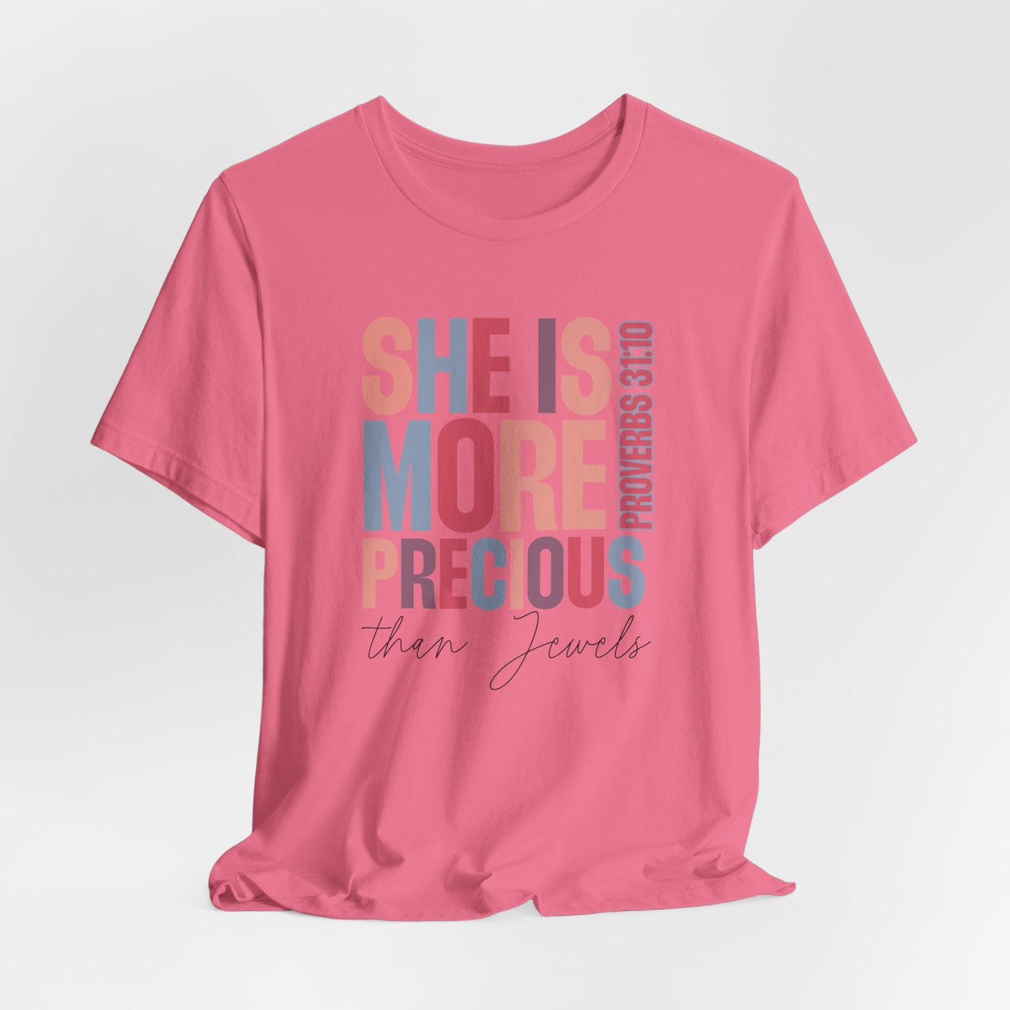 She Is More Precious Short Sleeve Tee | Faith-Based Gift, Christian Apparel, Motivational T-Shirt, Women's Style, Thoughtful Gift