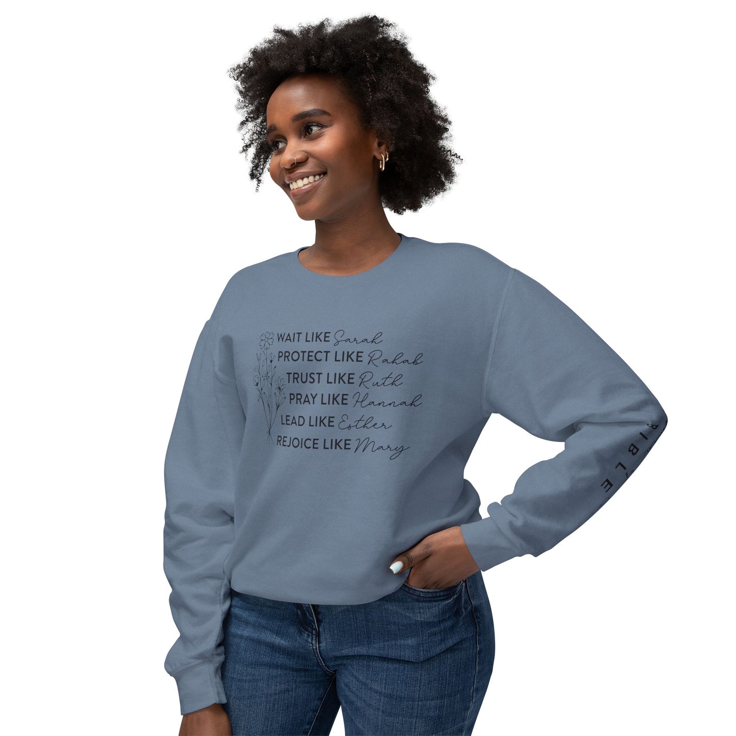 Inspirational Sweatshirt - Wait, Protect, Trust, Pray, Rejoice Like Women of the Bible, Front and Sleeve - Unisex Crewneck for Faith & Empowerment, Gift for Women, [...]