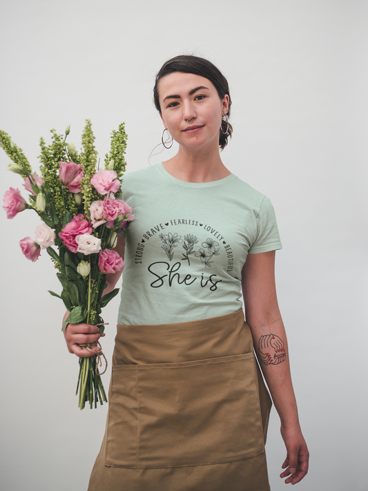 Inspiring Floral Women’s Tee - 'She is Strong, Brave, Fearless, Lovely, Beautiful'