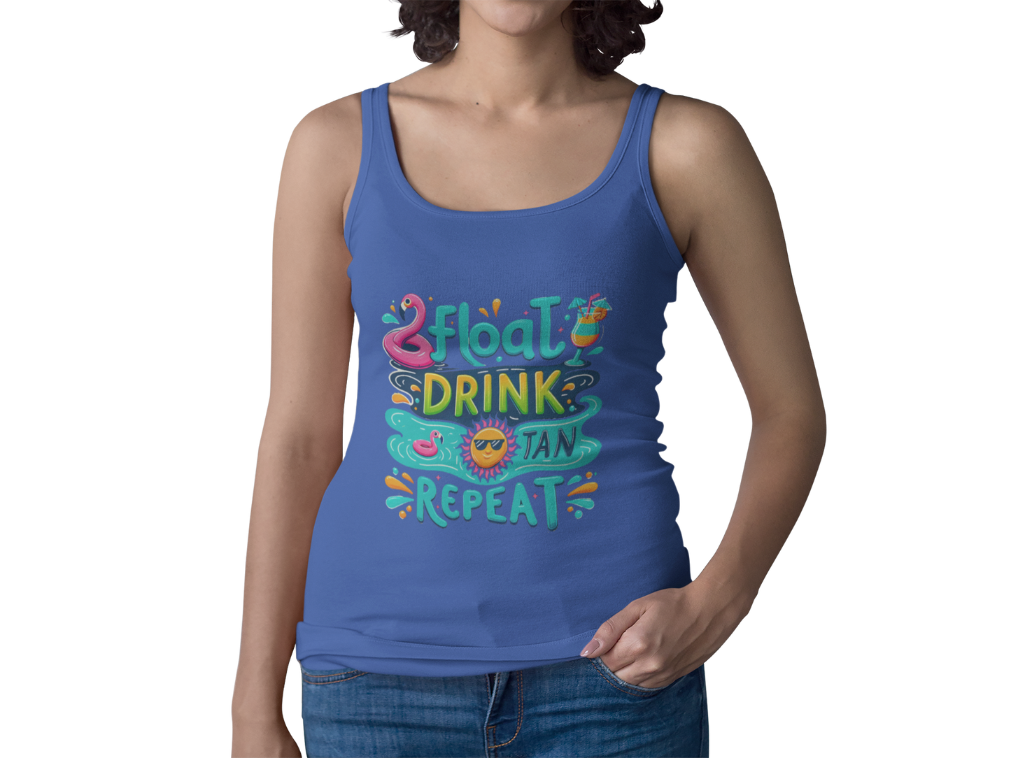 Float, Drink, Tan, Repeat Women's Flowy Racerback Tank Top