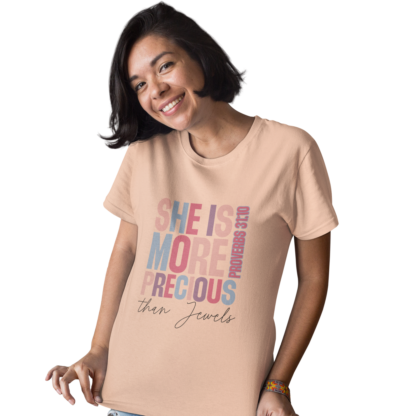 She Is More Precious Short Sleeve Tee | Faith-Based Gift, Christian Apparel, Motivational T-Shirt, Women's Style, Thoughtful Gift