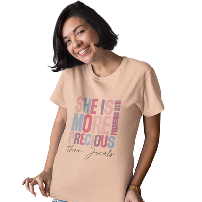 She Is More Precious Short Sleeve Tee | Faith-Based Gift, Christian Apparel, Motivational T-Shirt, Women's Style, Thoughtful Gift