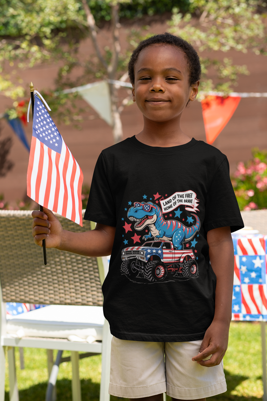 Patriotic Dinosaur Tee for Kids, Youth Short Sleeve Shirt