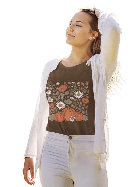 Autumn Floral Tee, Cozy Fall T-Shirt, Pumpkin Graphic Shirt