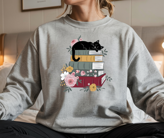 Stack of Books Cat- Gildan Crewneck Sweatshirt