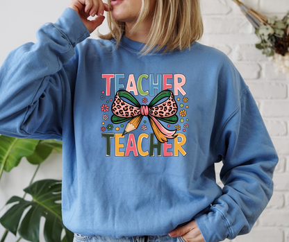 Teacher Bow Cheetah Print Gildan Crewneck Sweatshirt