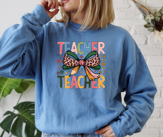 Teacher Bow Cheetah Print Gildan Crewneck Sweatshirt
