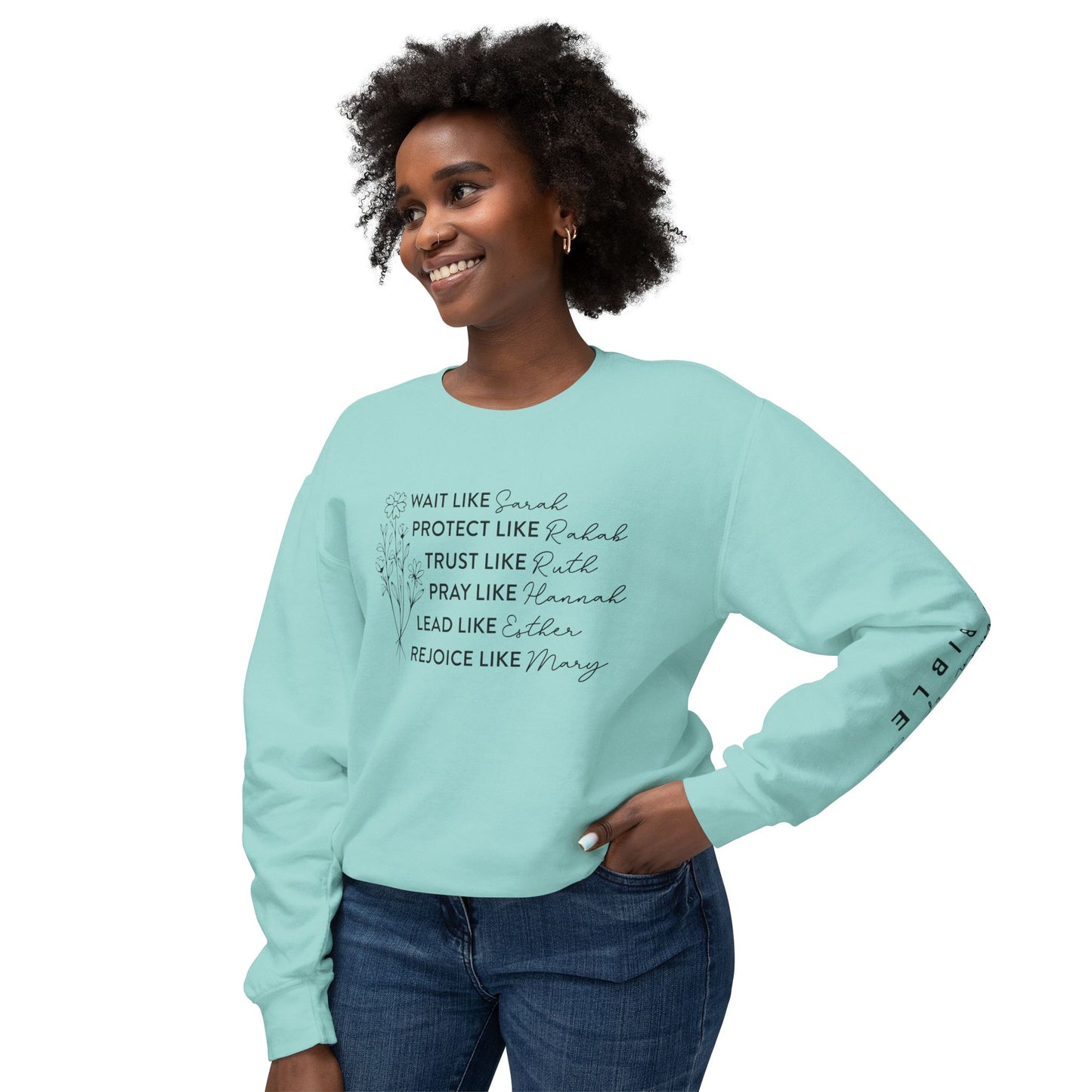 Inspirational Sweatshirt - Wait, Protect, Trust, Pray, Rejoice Like Women of the Bible, Front and Sleeve - Unisex Crewneck for Faith & Empowerment, Gift for Women, [...]
