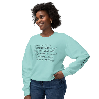 Inspirational Sweatshirt - Wait, Protect, Trust, Pray, Rejoice Like Women of the Bible, Front and Sleeve - Unisex Crewneck for Faith & Empowerment, Gift for Women, [...]