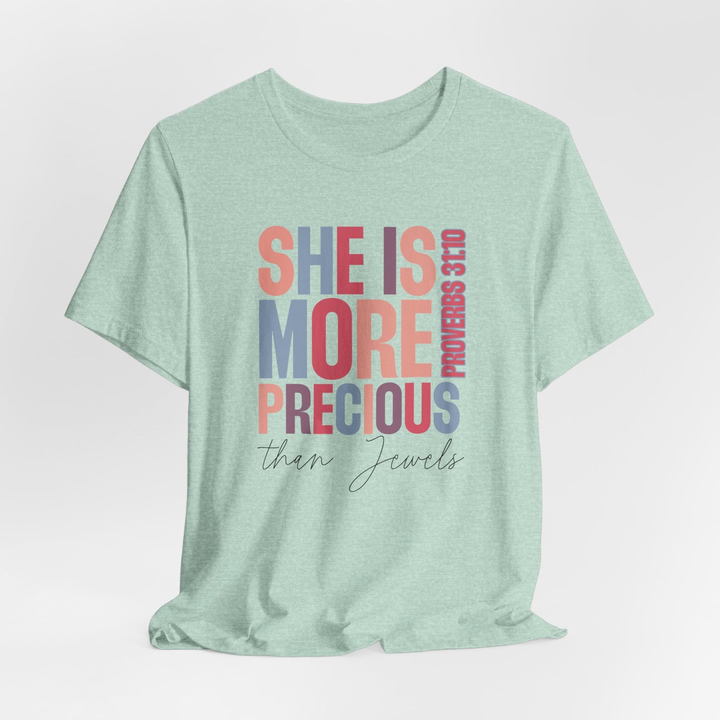 She Is More Precious Short Sleeve Tee | Faith-Based Gift, Christian Apparel, Motivational T-Shirt, Women's Style, Thoughtful Gift