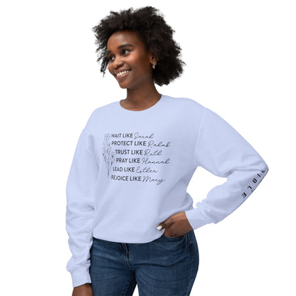 Inspirational Sweatshirt - Wait, Protect, Trust, Pray, Rejoice Like Women of the Bible, Front and Sleeve - Unisex Crewneck for Faith & Empowerment, Gift for Women, [...]