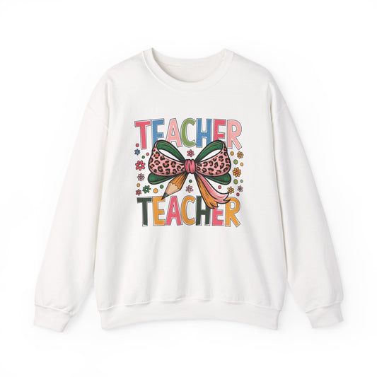 Teacher Bow Cheetah Print Gildan Crewneck Sweatshirt