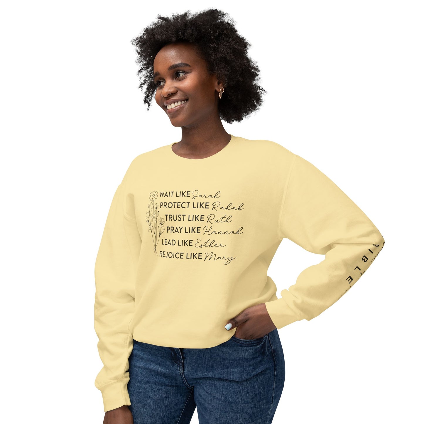 Inspirational Sweatshirt - Wait, Protect, Trust, Pray, Rejoice Like Women of the Bible, Front and Sleeve - Unisex Crewneck for Faith & Empowerment, Gift for Women, [...]