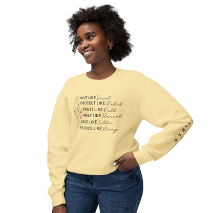 Inspirational Sweatshirt - Wait, Protect, Trust, Pray, Rejoice Like Women of the Bible, Front and Sleeve - Unisex Crewneck for Faith & Empowerment, Gift for Women, [...]