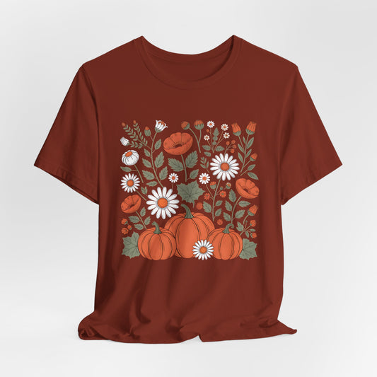Autumn Floral Tee, Cozy Fall T-Shirt, Pumpkin Graphic Shirt