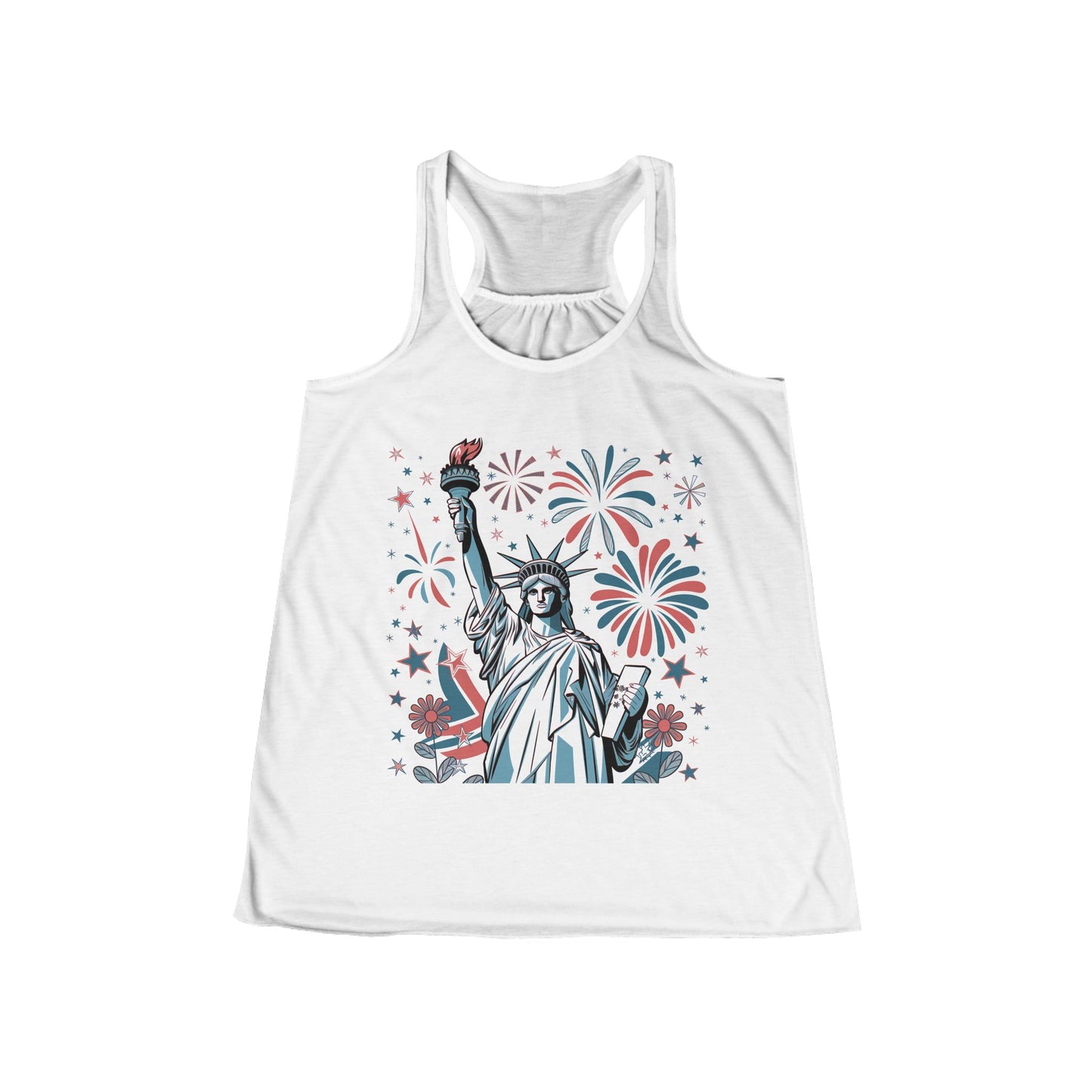 Patriotic Women's Flowy Racerback Tank - Liberty & Fireworks Design