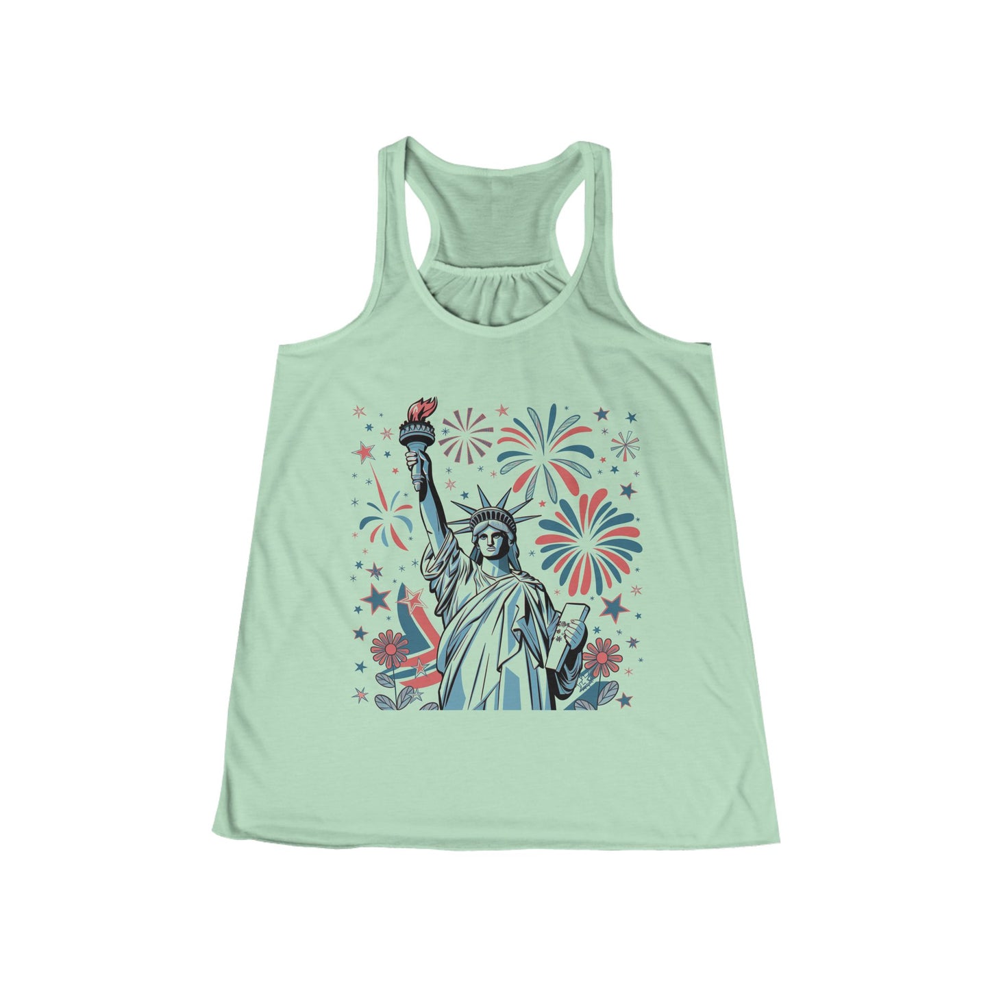 Patriotic Women's Flowy Racerback Tank - Liberty & Fireworks Design