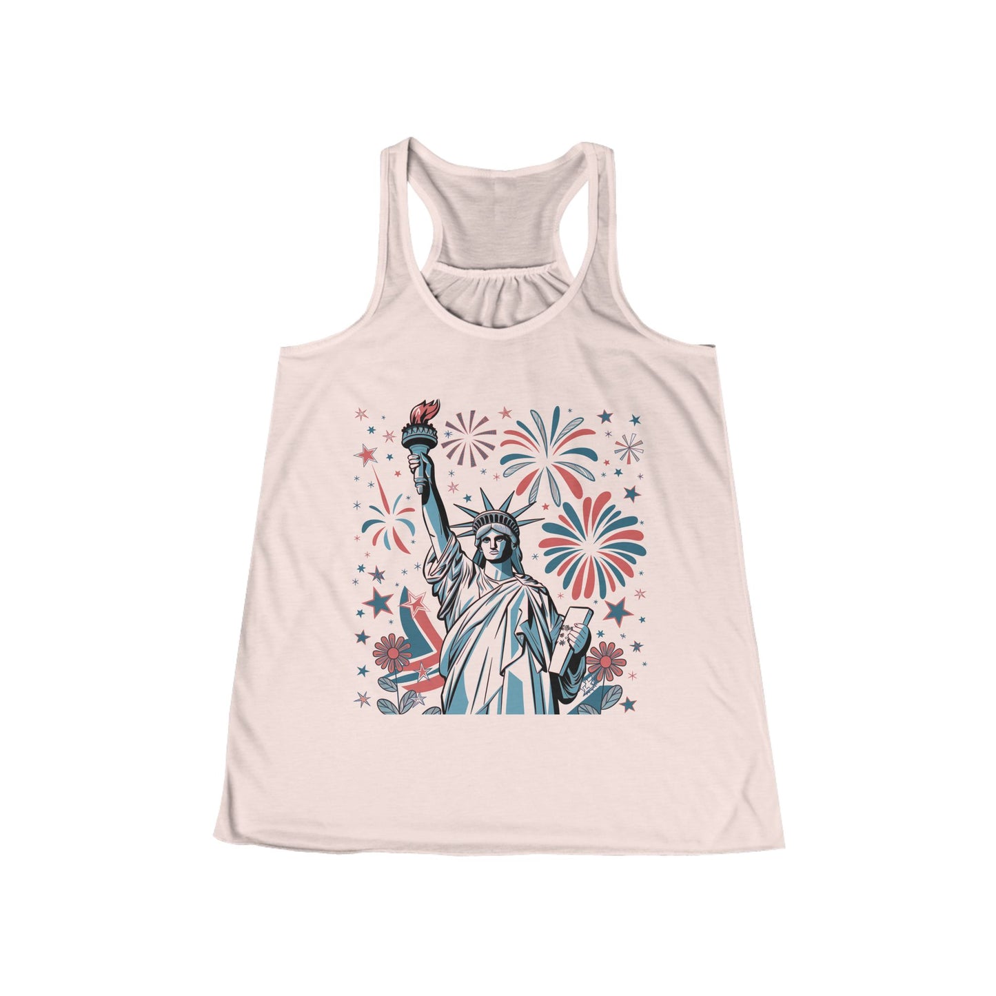 Patriotic Women's Flowy Racerback Tank - Liberty & Fireworks Design
