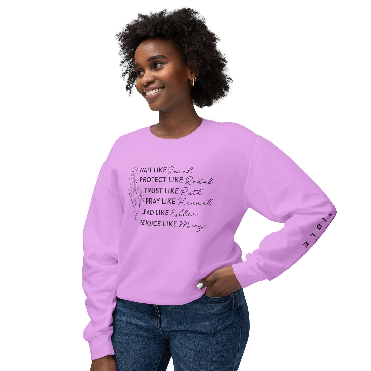Inspirational Sweatshirt - Wait, Protect, Trust, Pray, Rejoice Like Women of the Bible, Front and Sleeve - Unisex Crewneck for Faith & Empowerment, Gift for Women, [...]