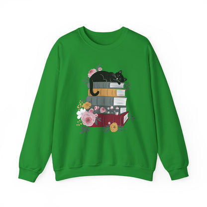 Stack of Books Cat- Gildan Crewneck Sweatshirt
