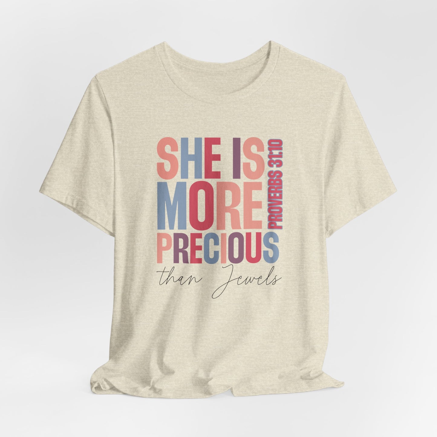 She Is More Precious Short Sleeve Tee | Faith-Based Gift, Christian Apparel, Motivational T-Shirt, Women's Style, Thoughtful Gift
