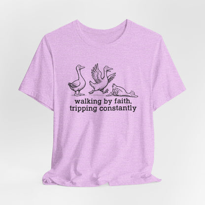 Walking by Faith Unisex Jersey Short Sleeve Tee, Funny T-Shirt